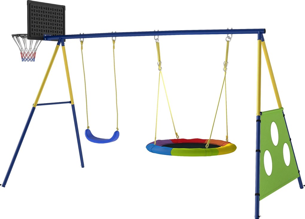 AIYAPLAY Stelaż huśtawki 4 w 1 - zestaw do 150 kg z huśtawką gniazdo, koszem do koszykówki, bramką do piłki nożnej i huśtawką typu U 288 x 160 x 220 cm | Aosom PL