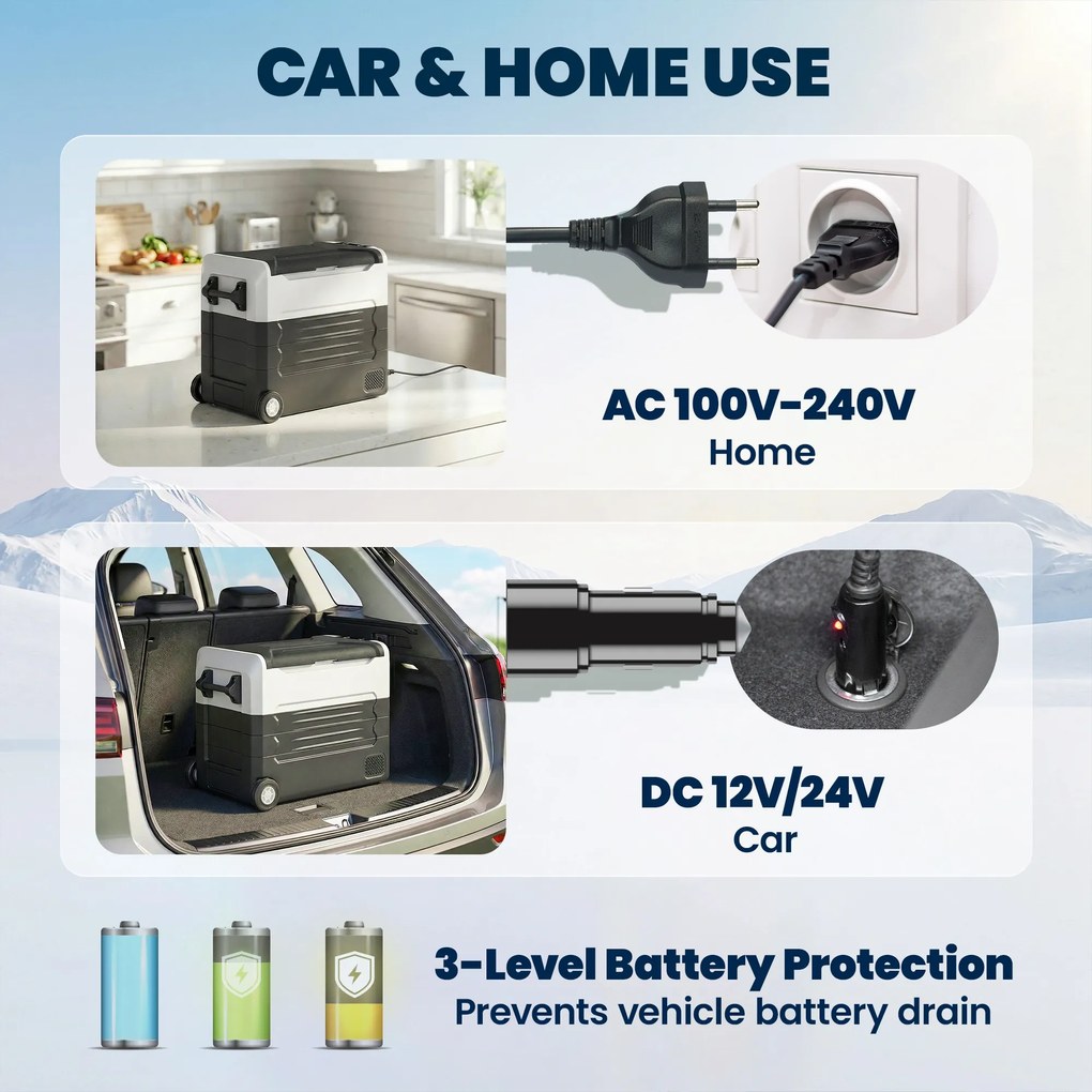 Outsunny Lodówka kompresorowa 50L -20℃ do 20℃ z aplikacją, LED, ochroną baterii i składanym uchwytem | Aosom PL