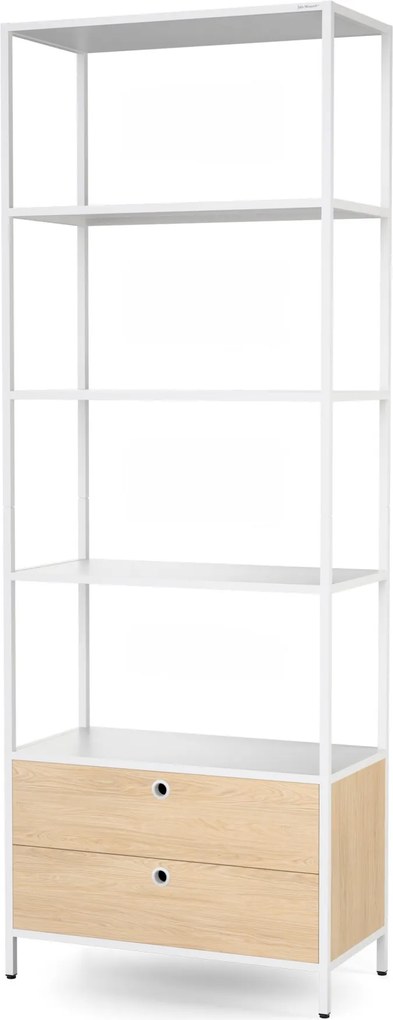 Regał z szufladami do biura, na segregatory i dokumenty, otwarte półki, metalowy, biały/dąb sonoma, 800x2200x400 mm: ARIEL Eco Design