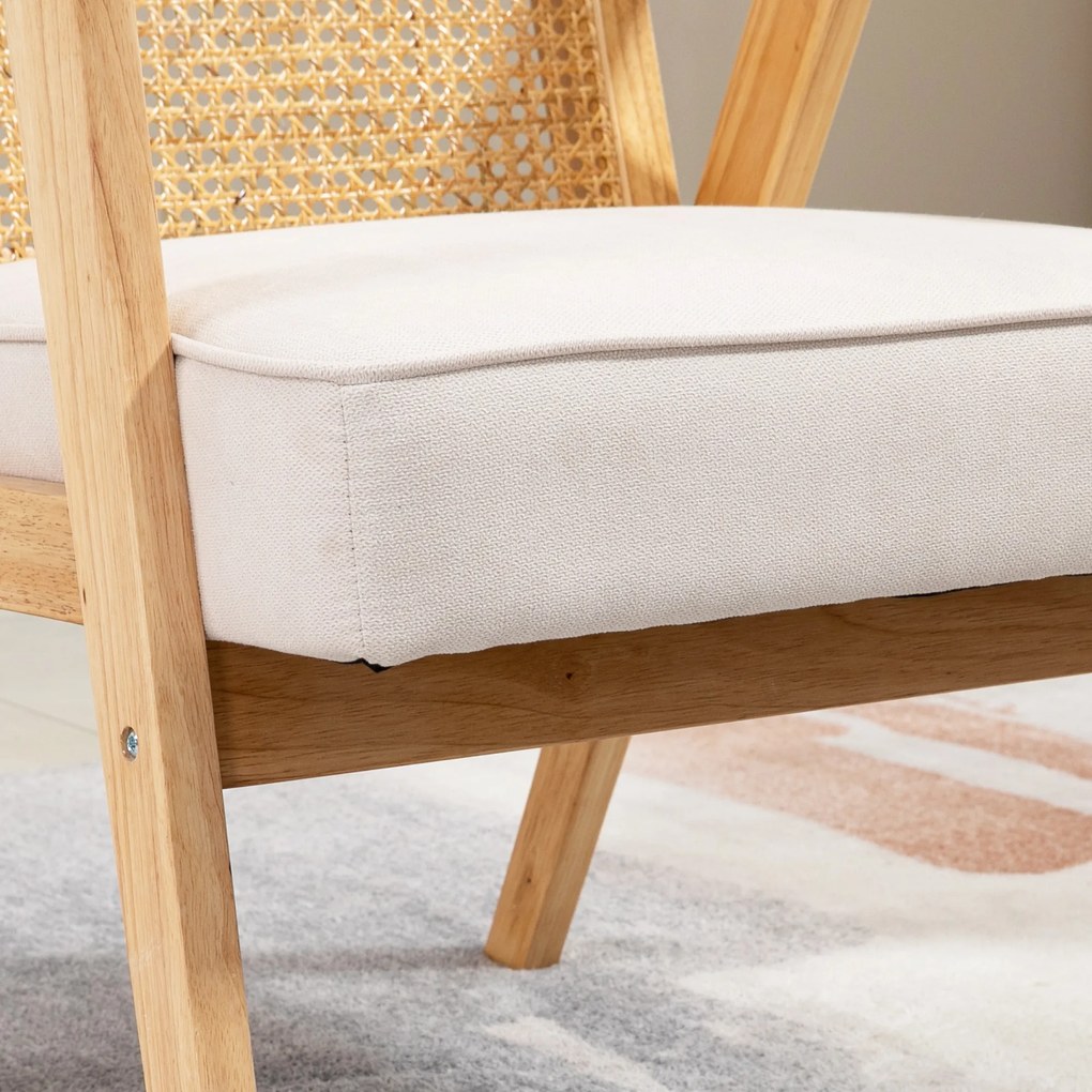 HOMCOM Fotel tapicerowany kremowy drewno kauczukowe poduszka len wygodny fotel do salonu sypialni 63x69x78 cm | Aosom PL