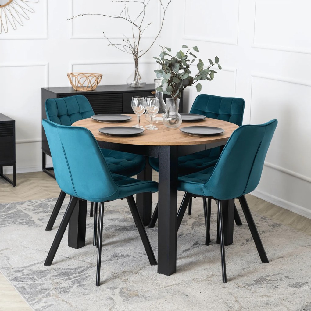 Zestaw Stół Okrągły Rozkładany HARRY 102-142 cm Dąb Craft/Czarny i 4 Krzesła Tapicerowane RICK Turkusowe Nowoczesne