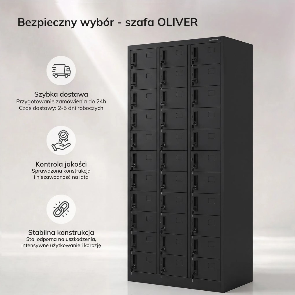 Szafka skrytkowa depozytowa 33-skrytkowa czarna, 900x1850x450 mm: OLIVER