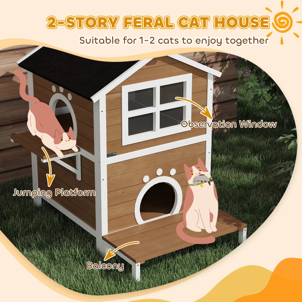 PawHut Zewnętrzna chatka dla kota z wodoodpornym dachem, oknem, balkonem, wymiennym dnem, na 2 poziomy, dla 1-2 kotów, Brąz