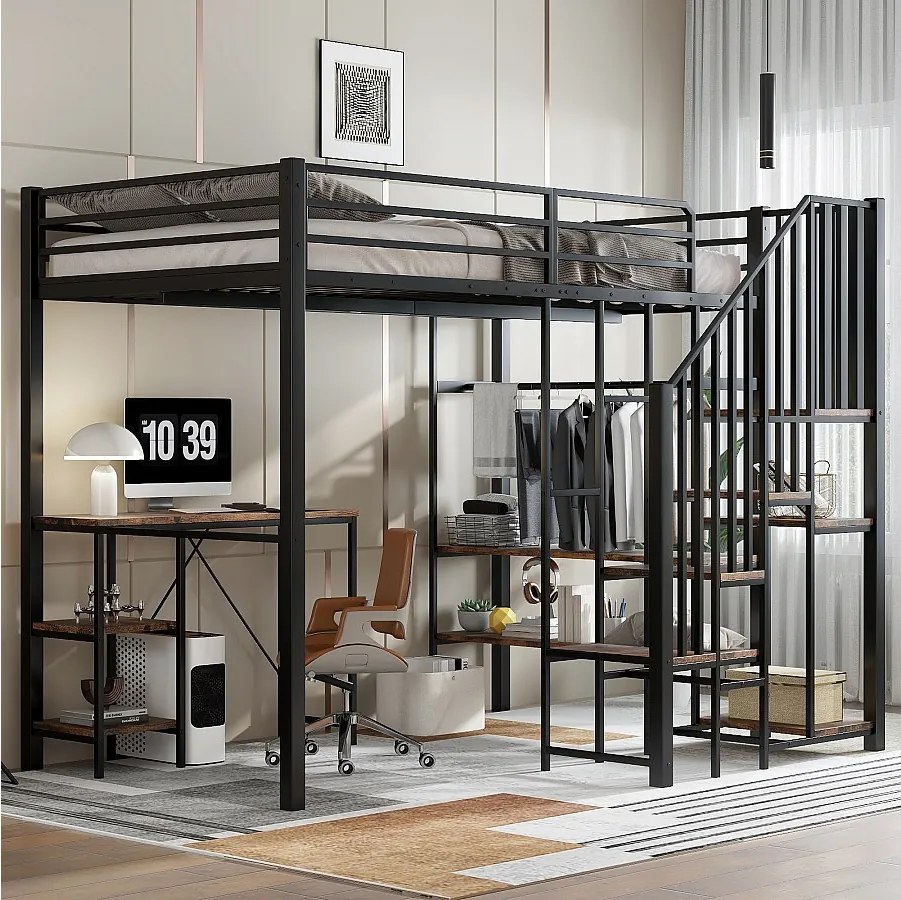 Łóżko piętrowe dla dzieci - 120 x 200 cm - drabinka narożna ze schowkiem + stolik i półka - metal + płyta MDF - czarne