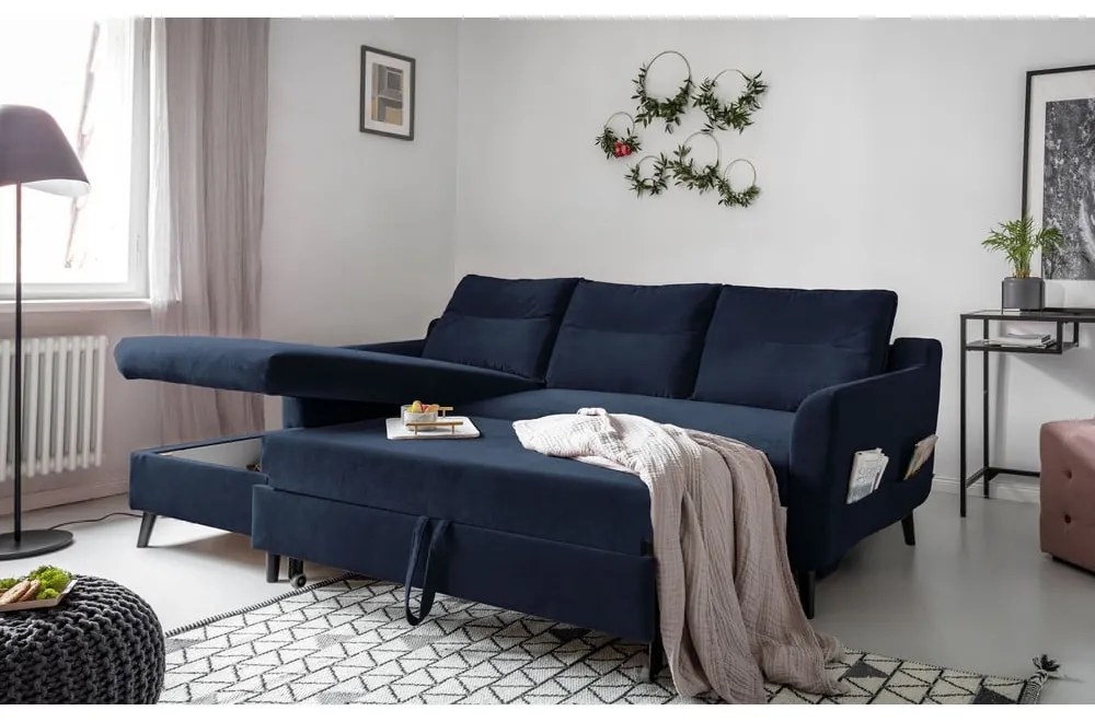 Ciemnoniebieski aksamitny narożnik rozkładany Miuform Stylish Stan, lewostronny