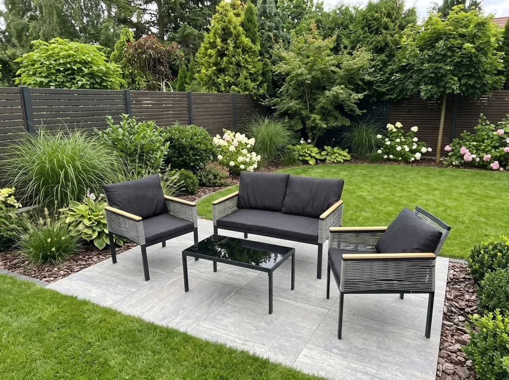 Mały zestaw mebli na balkon (2 x fotel, sofa + stolik) CORTO czarne aluminium, szary technorattan