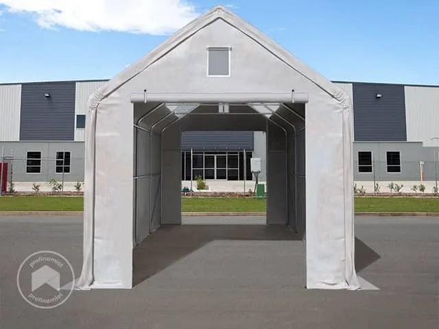 TOOLPORT 4x8m Hala namiotowa - 3 m wysokość ścian bocznych z 3x3m bramą, PRIMEtex 2300 z oknami dachowymi, szary, ze statyką (podłoże gruntowe) - (49830)