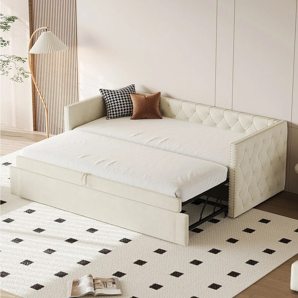 Łóżko dzienne 90x200 cm - Łóżko dziecięce z wysuwanym łóżkiem i stelażem - beżowy aksamit - materac nie jest wliczony w cenę