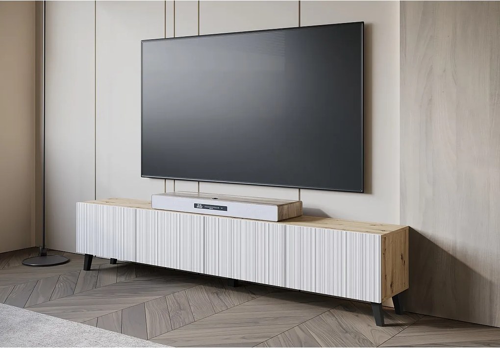 Nowoczesna szafka RTV 190 cm artisan na nóżkach do salonu, fronty MDF białe ryfle, 4 klapy