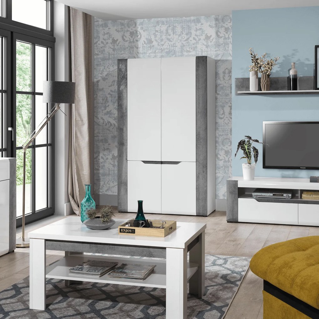 Ława z Półką do Salonu NOVO 102 cm Biała / beton Nowoczesna