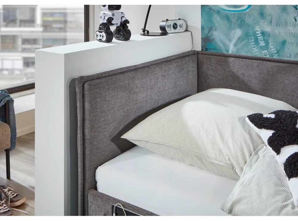 Szare tapicerowane narożne łóżko dziecięce ze schowkiem ze stelażem 120x200 cm Fun – Meise Möbel