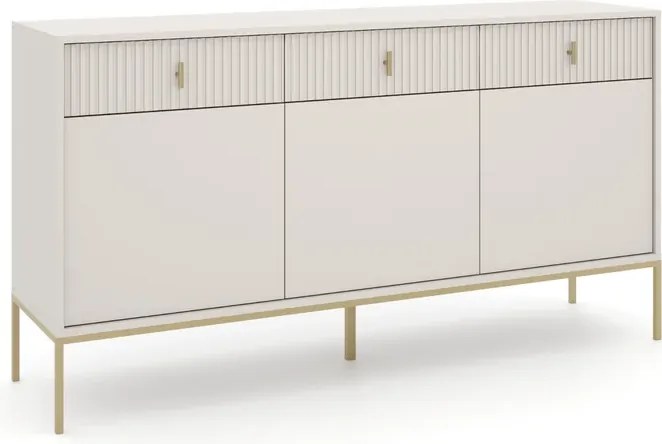 Komoda do Salonu Sypialni MARCOS 154 cm Kaszmir/Złoty Ryflowana Trzydrzwiowa z Szufladami Glamour