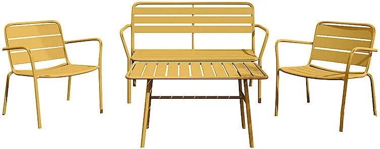 Metalowy zestaw ogrodowy: ławka, 2 niskie fotele i stolik kawowy - Kolor musztardowy - MIRMANDE od MYLIA