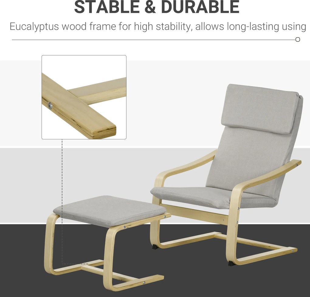 HOMCOM Fotel klubowy z podnóżkiem, pokrowiec imitujący len, drewniana rama, do 120 kg, Jasnoszary/Natura