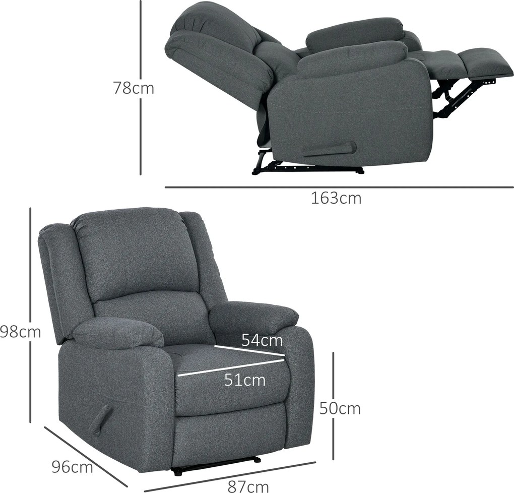 HOMCOM Fotel relaksacyjny z funkcją leżenia i podnóżkiem, regulowany, do 150 kg, rama stalowa, 90 x 96 x 98 cm, Szary