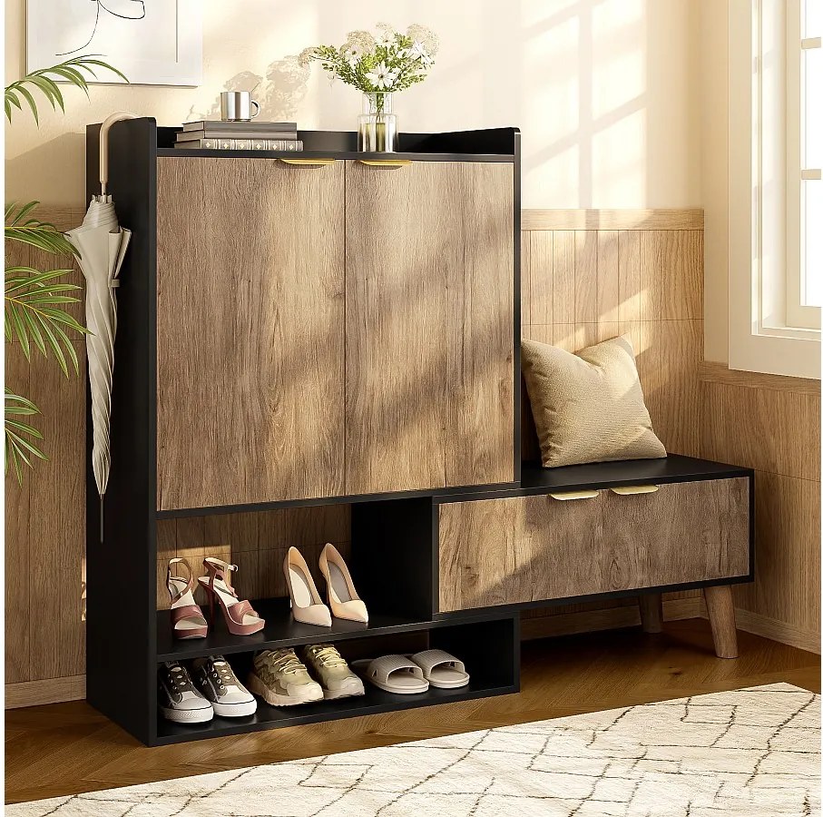 Szafka na buty z wysuwanym, obrotowym siedziskiem - 87 x 35 x 113 cm - z półkami + 4 drzwi - płyta wiórowa - kolor czarny + naturalny