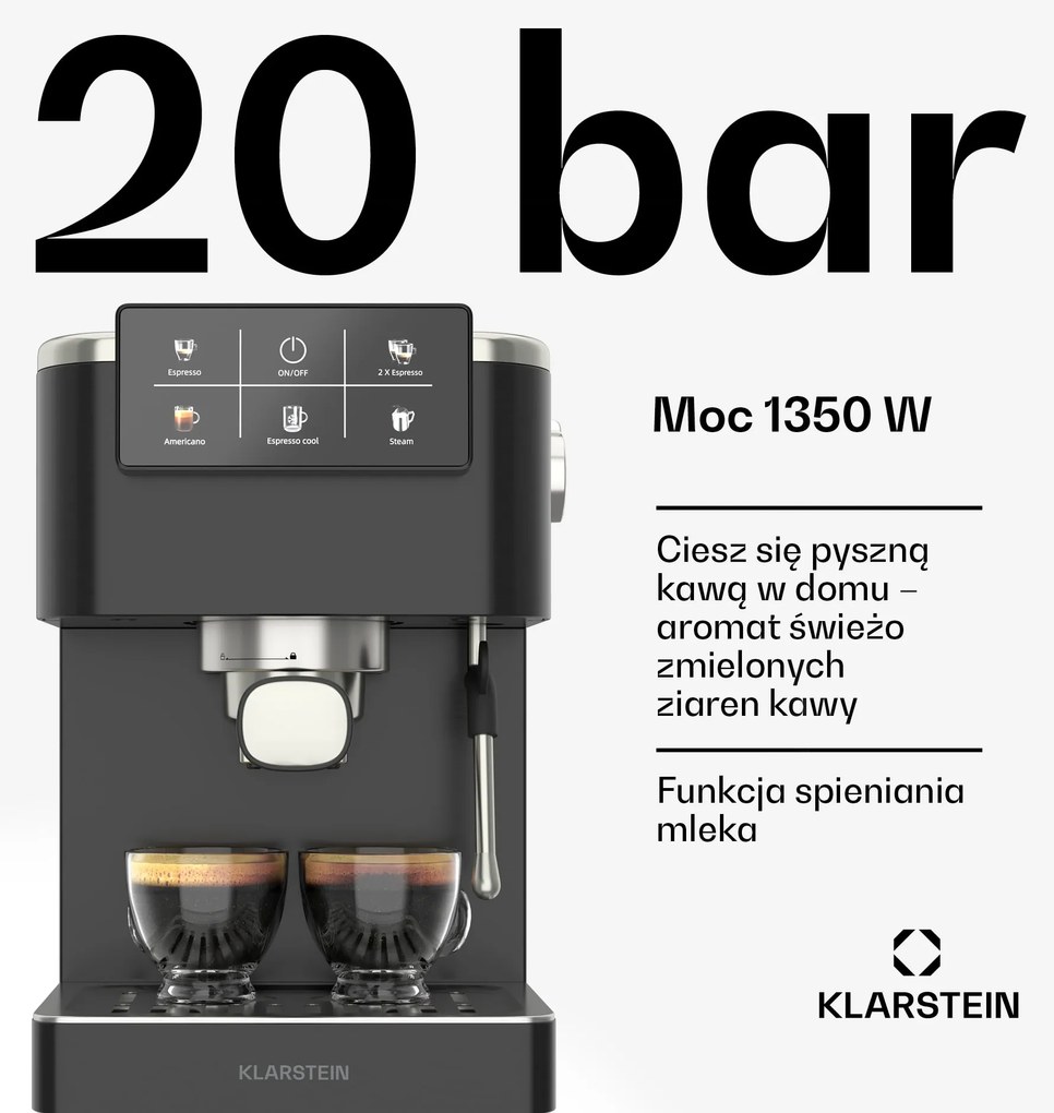 Klarstein SteelPresso Touch ekspres do kawy kolbowy, ekran dotykowy, 20 bar