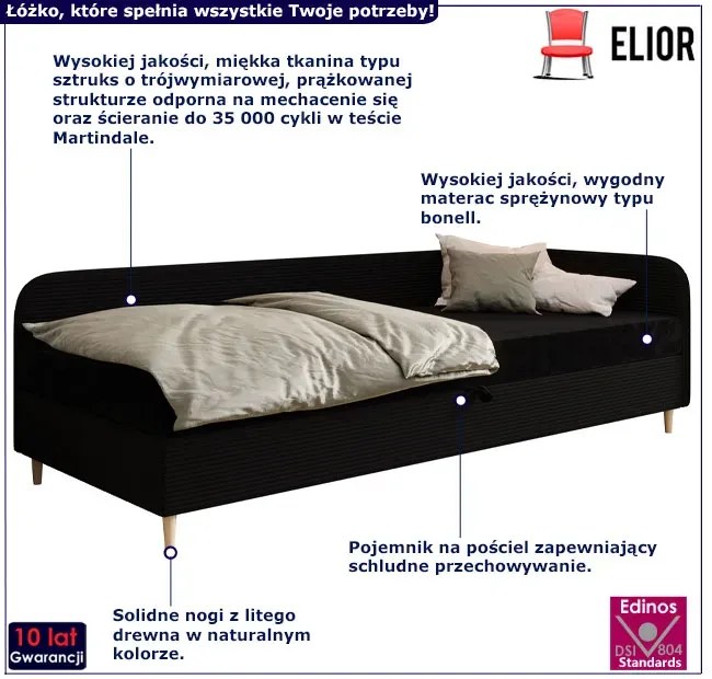 Czarne prawostronne łóżko z materacem i pojemnikiem na pościel 100x200 H3-L09