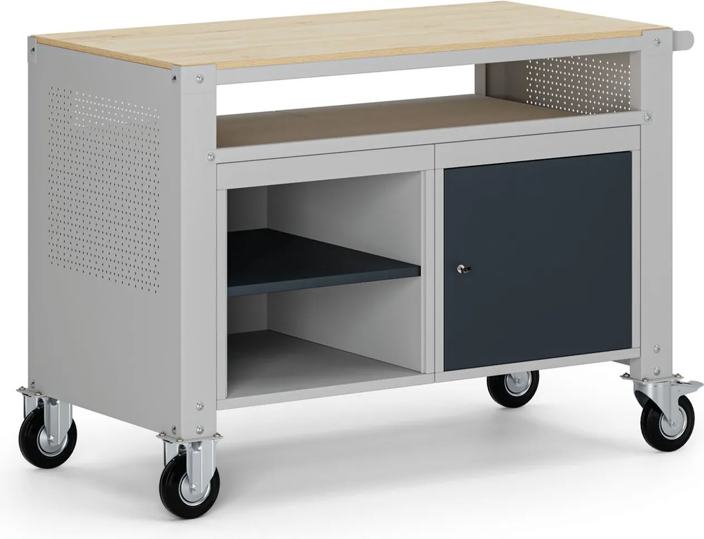 Mobilny stół warsztatowy G9, 2 półki, 1 szafka, 1180 x 595 x 865-1130 mm, szary/grafitowy