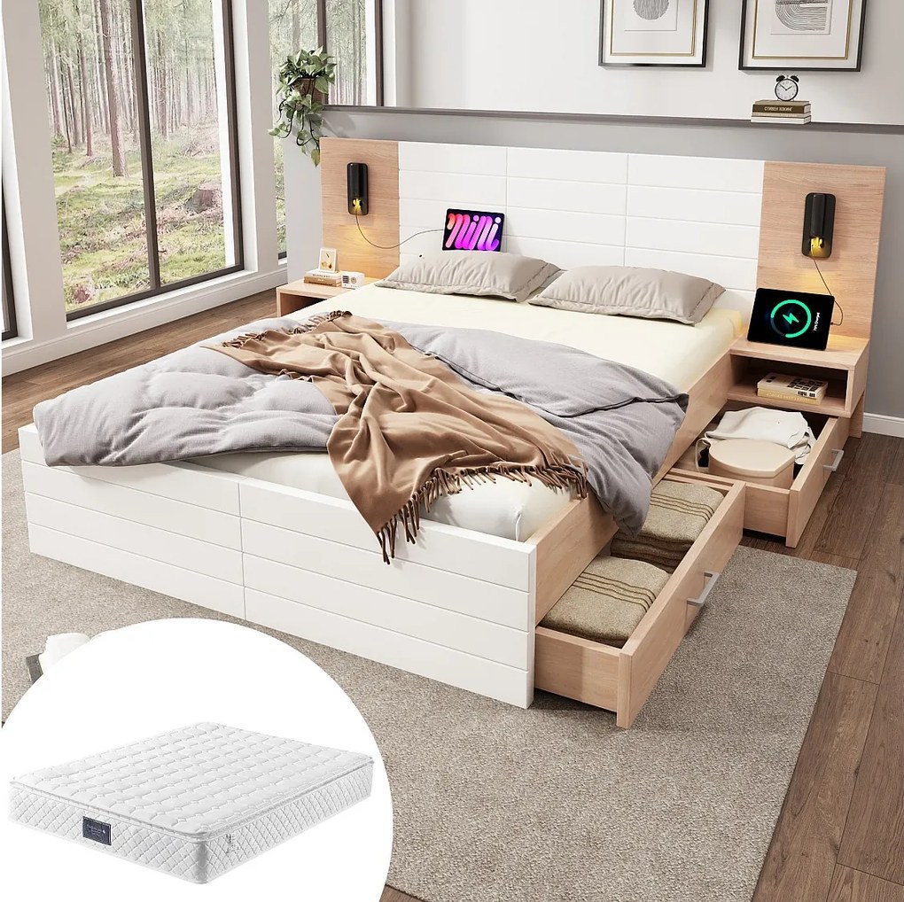 Łóżko podwójne ze schowkiem - 140 x 200 cm - z 2 szufladami + zagłówkiem z diodami LED + USB - 2 szafki nocne - z materacem - białe