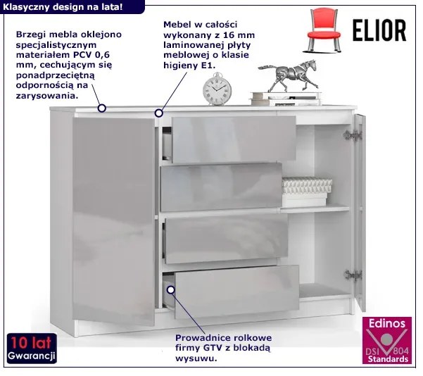 Komoda do salonu z gładkim frontem biała + metalik połysk Nofioz