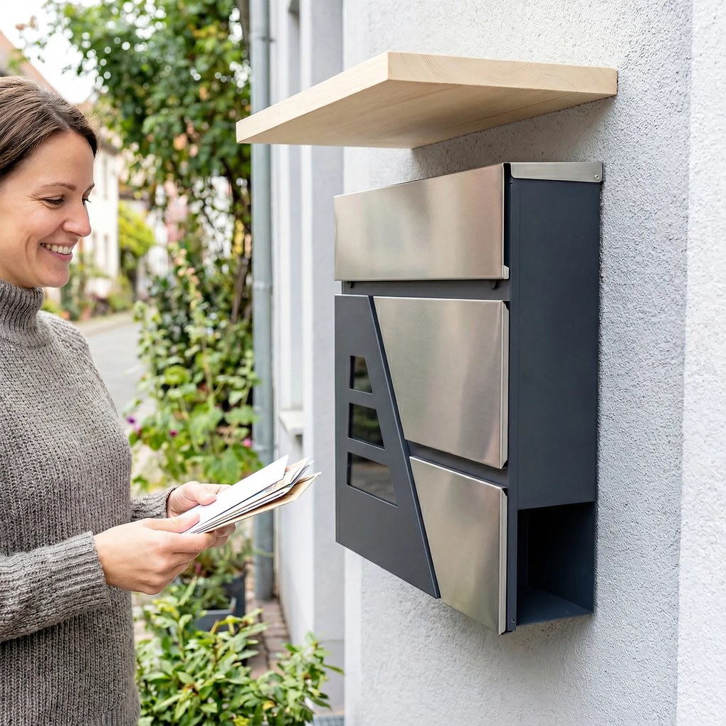 HOMCOM Skrzynka na listy do montażu na ścianie, odporna na warunki atmosferyczne, z uchwytem na gazety i 2 kluczami, ciemnoszara | Aosom PL