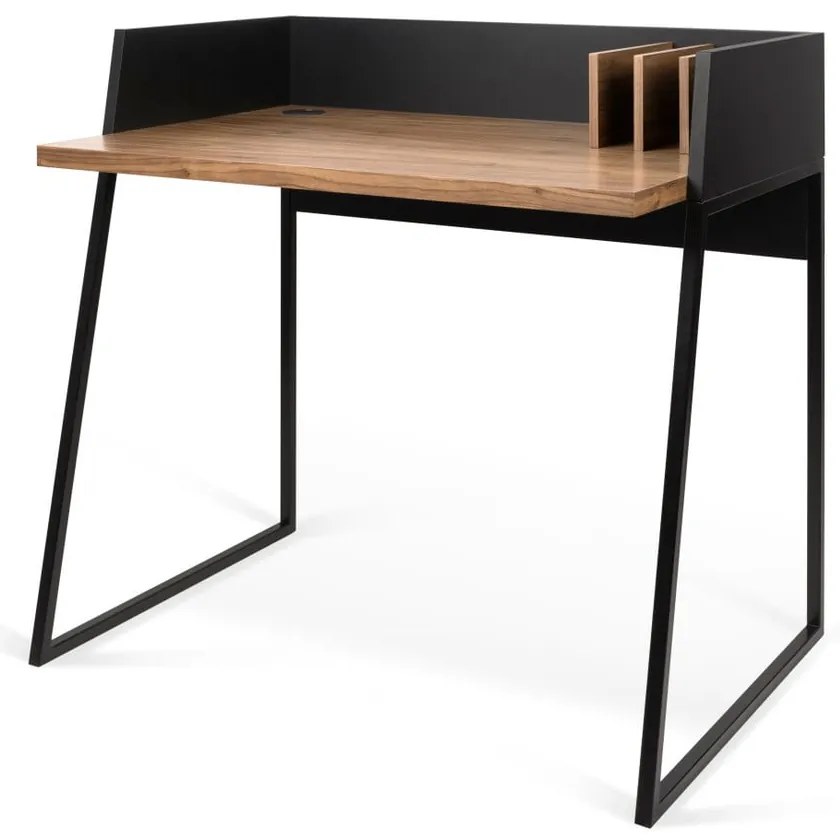 Czarne biurko z elementami z dekorem drewna orzecha TemaHome Volga Walnut