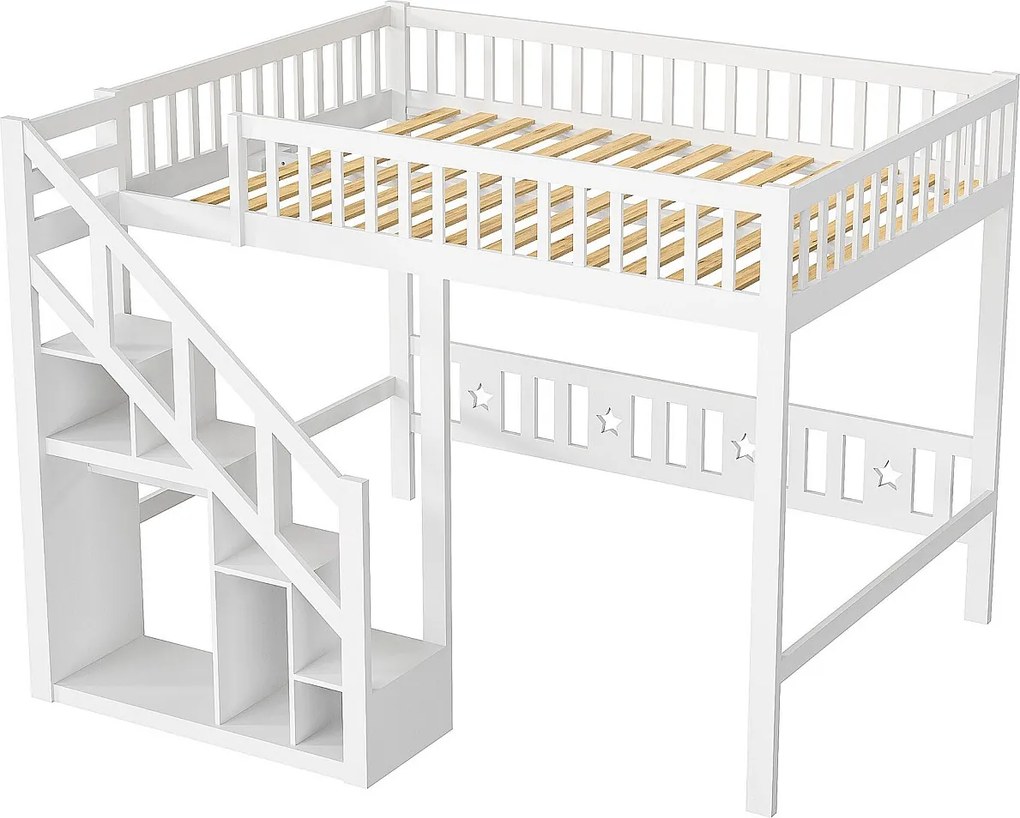 Łóżko piętrowe 90 x 200 cm, wielofunkcyjne łóżko dziecięce ze schowkiem i schodkami, białe
