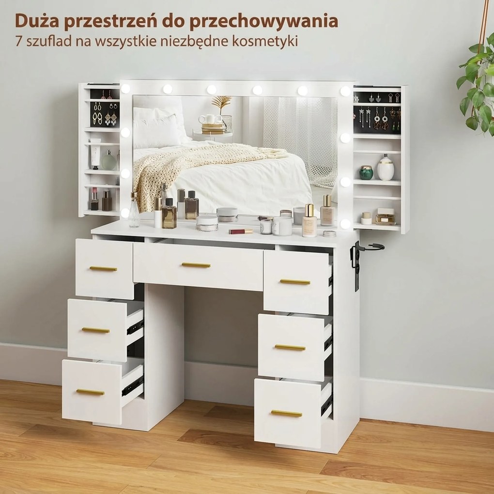 HOMCOM Toaletka z lustrem i 12 lampami LED, toaletka z 7 szufladami, 6 ukrytymi schowkami, płyta wiórowa, Biały