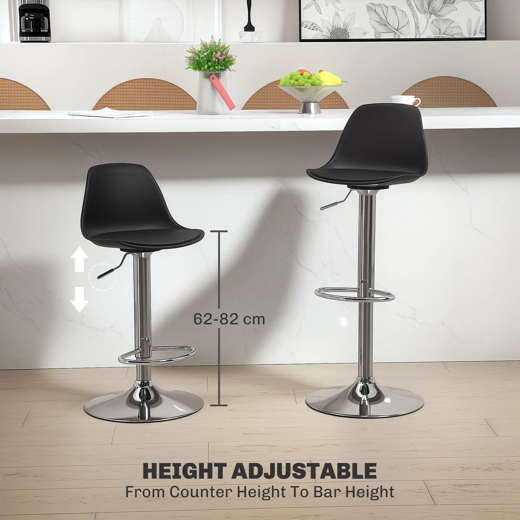 HOMCOM Zestaw 2 Stołków Barowych z Oparciem, Obrotowe, Regulowane na Wysokość, Nośność do 120 kg, 42 x 38 x 82-104 cm, Czarny
