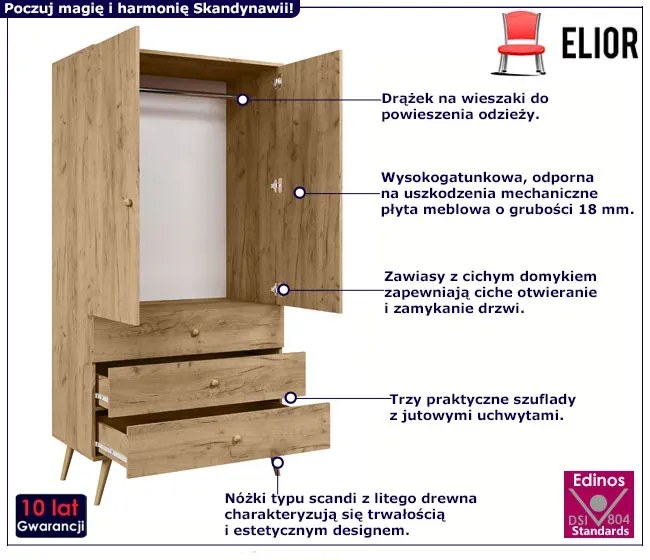 Szafa z 3 szufladami i drążkiem na nóżkach dąb craft złoty - Geza 14X