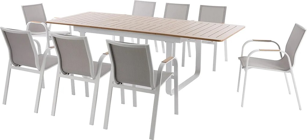 Aluminiowy zestaw jadalniany ogrodowy: aluminiowy stół rozkładany dł.155/246 cm i 8 foteli - Jasny naturalny i biały - SERUNO od MYLIA