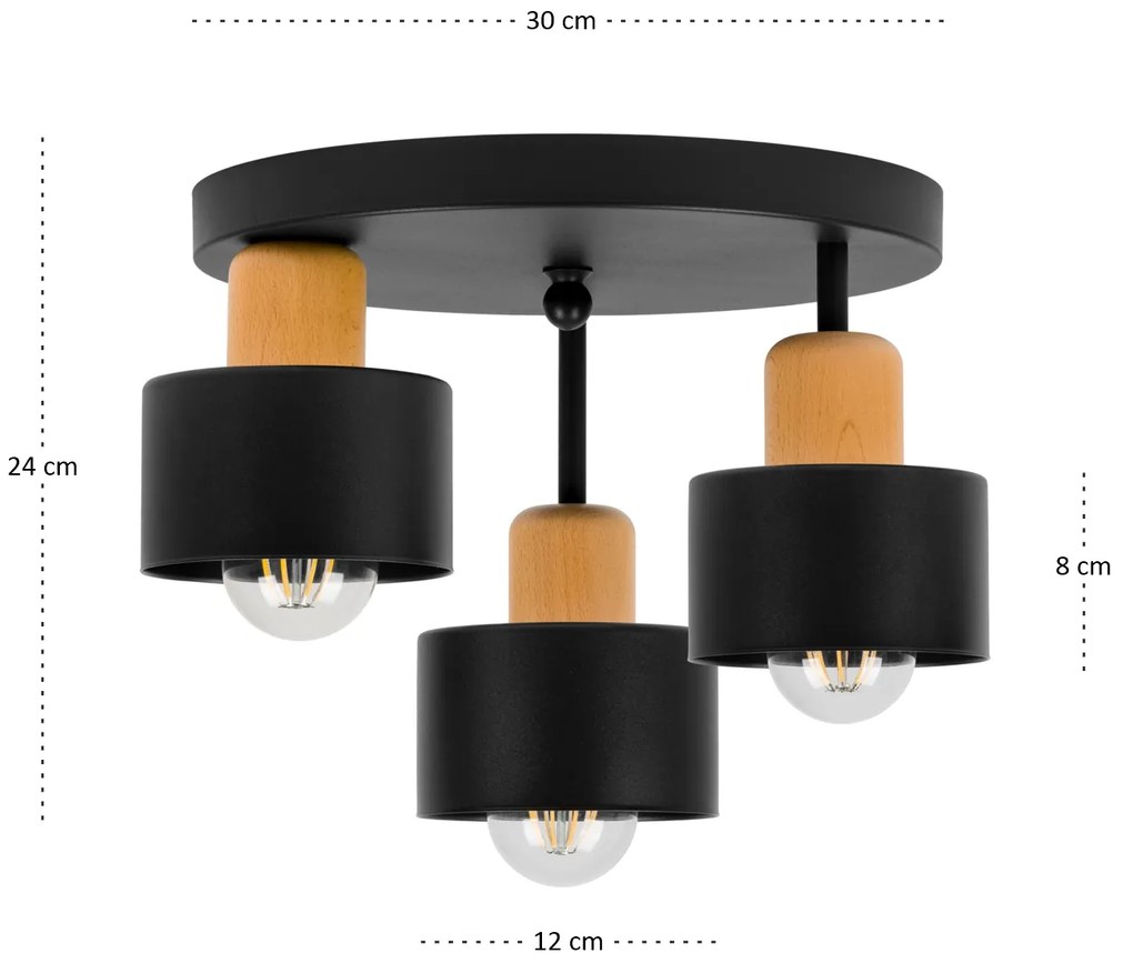 Czarna lampa sufitowa, trzypunktowy spot DBU3030SC z drewna i metalu E