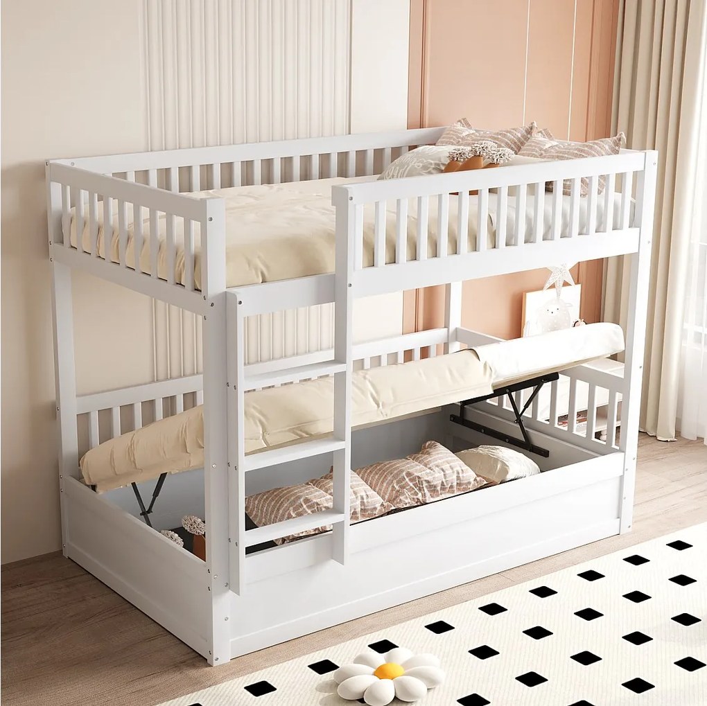 Łóżko piętrowe dla dzieci - 2 x 90 x 200 cm - z hydraulicznym schowkiem - Solidne i trwałe - Sosna + Sklejka + MDF - Białe