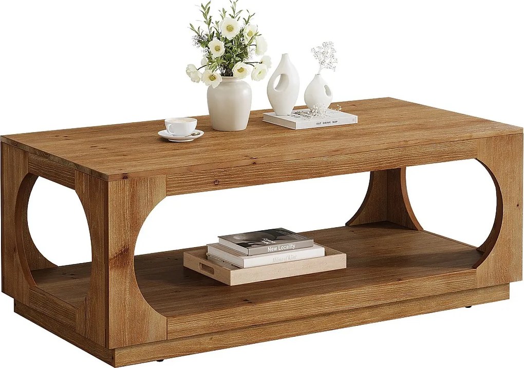 Stolik kawowy z litego drewna, 120 cm, rustykalny, drewniany stolik kawowy z miejscem do przechowywania, do salonu, 2-poziomowy