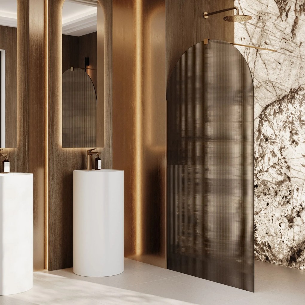 Ścianka prysznicowa WALK IN FIX grafitowa półokrągła ryflowana 8mm WELLE Oval Grafit MASSI | Różne rozmiary : Kolor profili kabiny - złoty, Szerokość ścianki - 80 cm, Typ montażu - WALK in FIX (Do ściany)