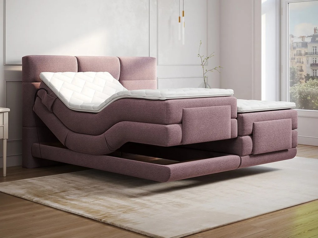 Kompletny zestaw boxspring z pikowanym zagłówkiem + stelaże z elektryczną regulacją + materac + materac nawierzchniowy - 2 x 90 x 200 cm - Tkanina - Bordowy - LODI de PALACIO