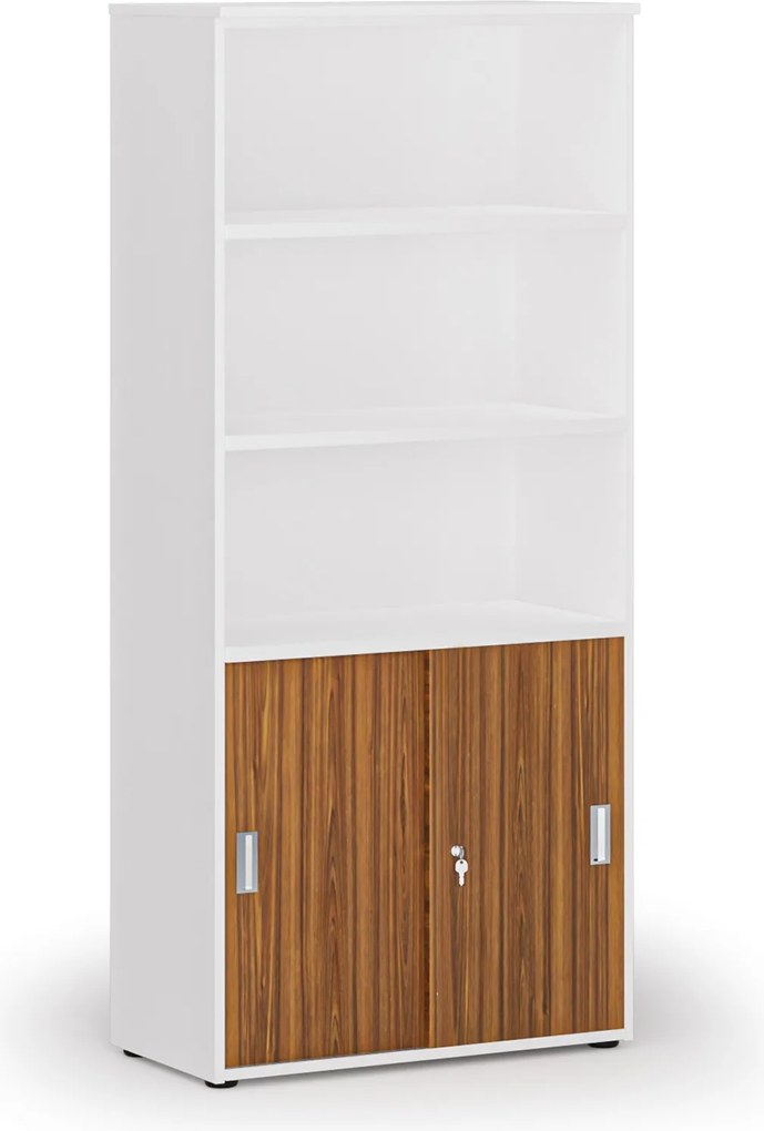 Szafa biurowa kombinowana PRIMO WHITE, drzwi przesuwne na 2 poziomach, 800 x 420 x 1781 mm, biały/orzech