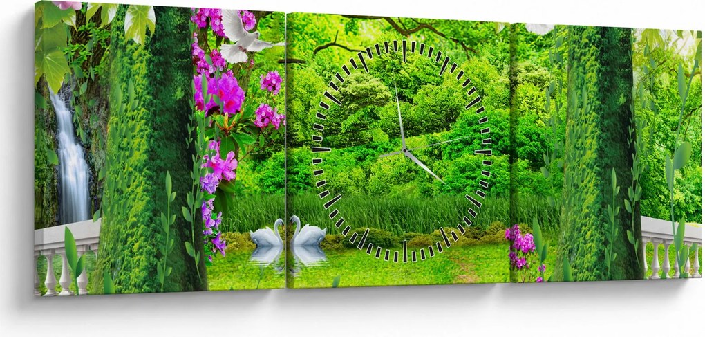 Obraz - Magiczny ogród z łabędziami (z zegarem) (90x30 cm)