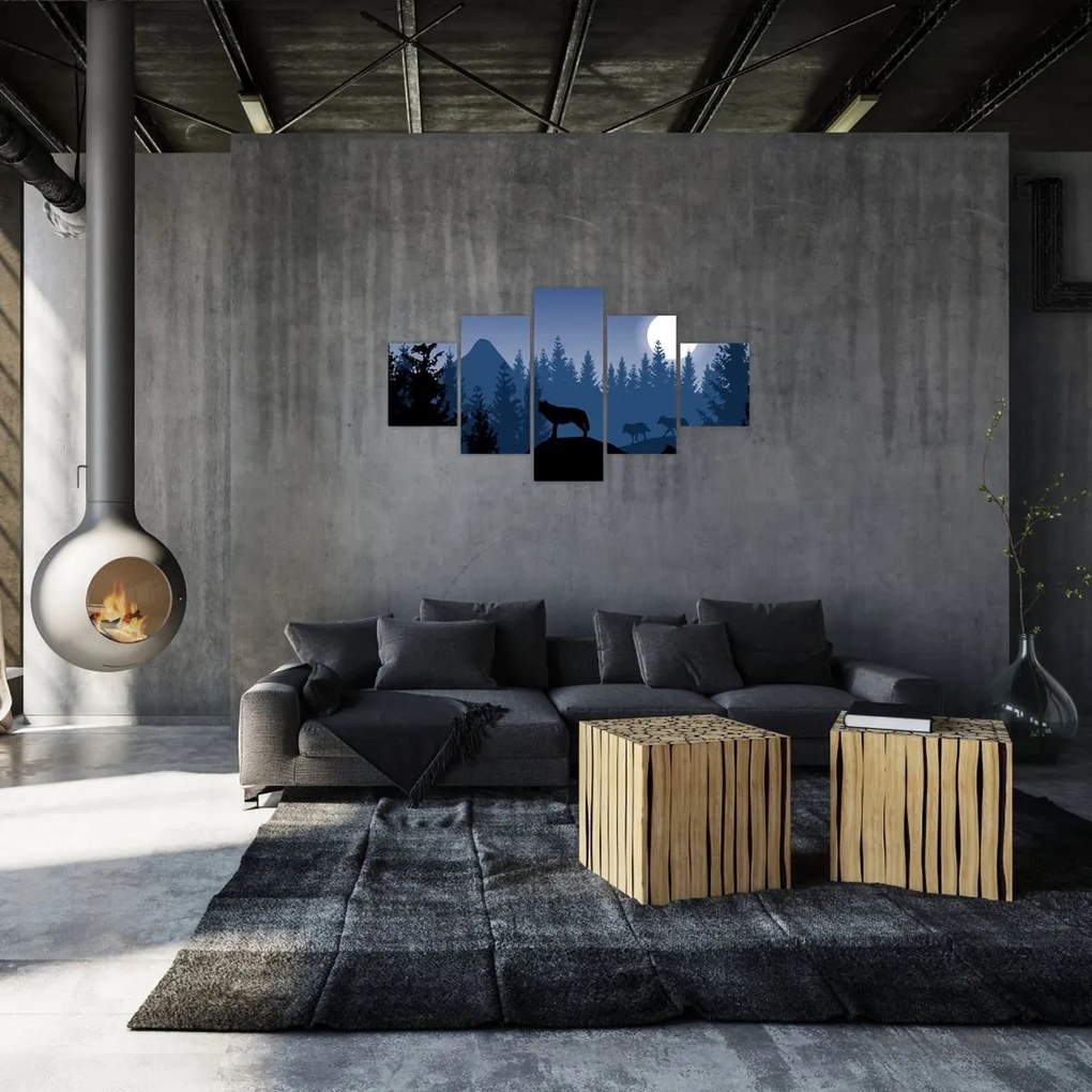 Obraz - Wataha wilków pod księżycem w pełni (125x70 cm)