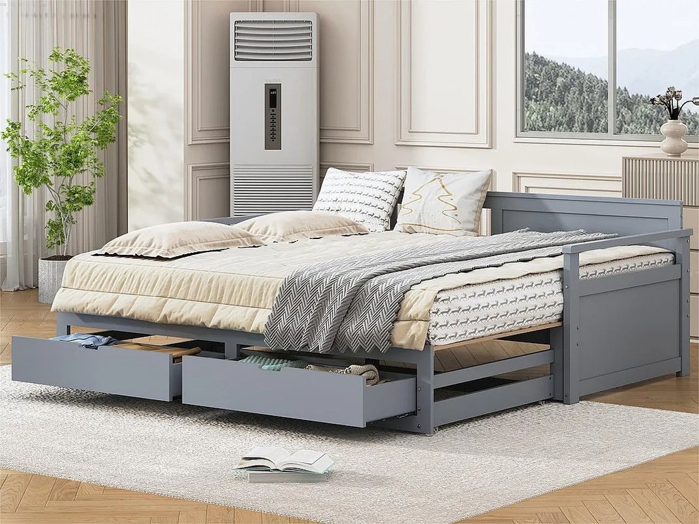 Łóżko piętrowe 90/180x190cm z litego drewna - 2 szuflady na kółkach - Szare