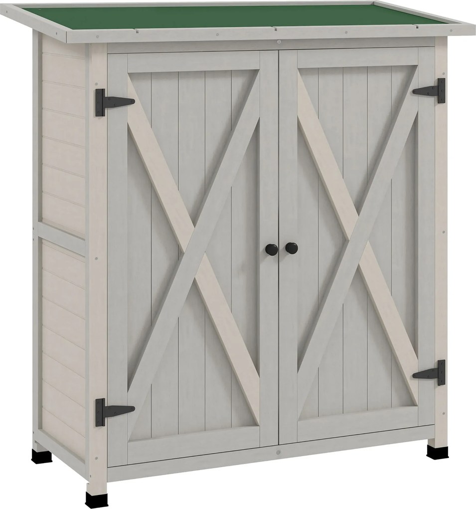 Outsunny Szafka na Narzędzia z Drewna z 2 Drzwiami, Szopa z Dachem z Asfaltu, 110 x 55 x 117 cm, Jasnoszary