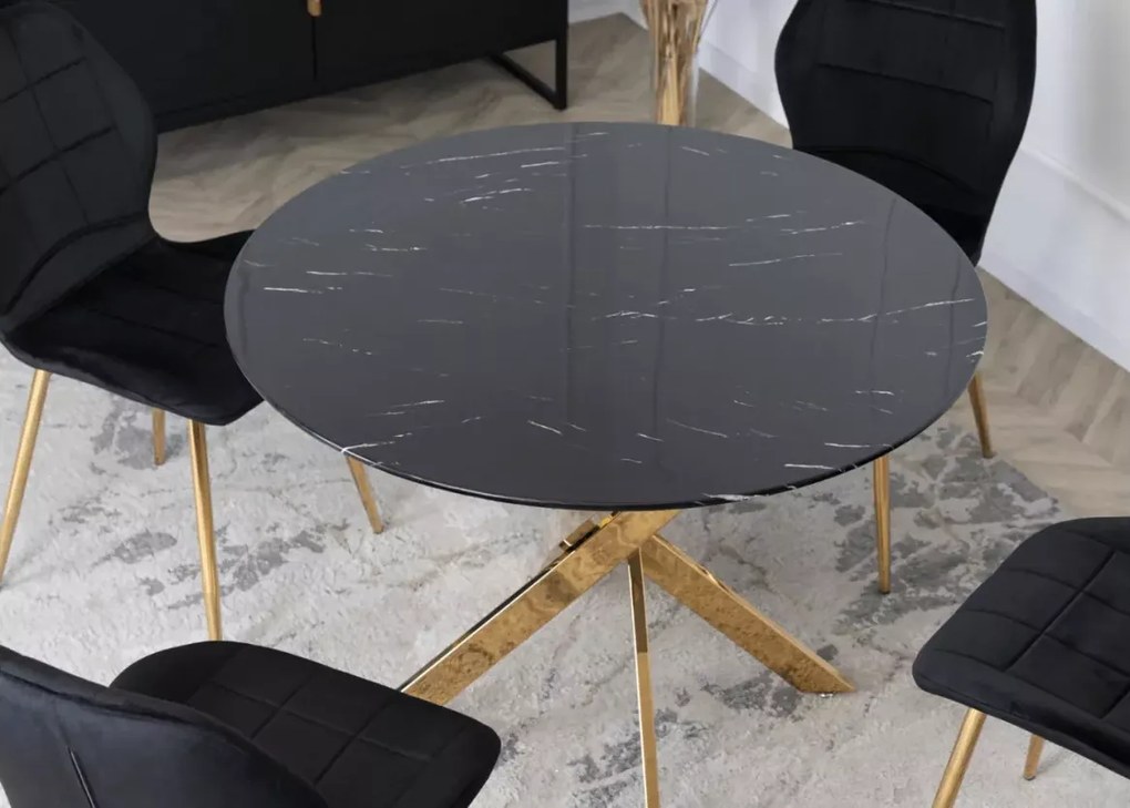 Okrągły stół Zertiko ze szklanym marmurkowym blatem na złotych chromowanych nogach, stół glamour do jadalni