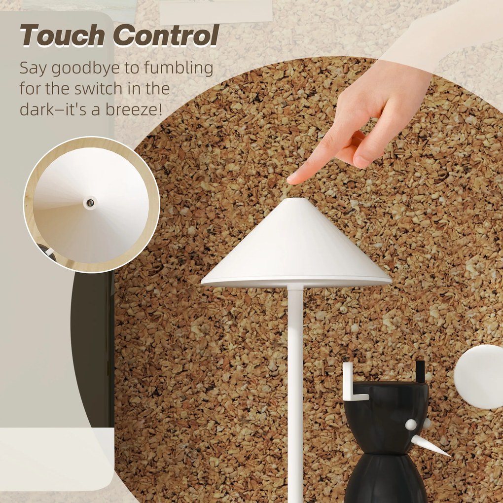HOMCOM Ładowalna lampka stołowa LED z kablem USB, dotykowym przełącznikiem, metalowa, biała