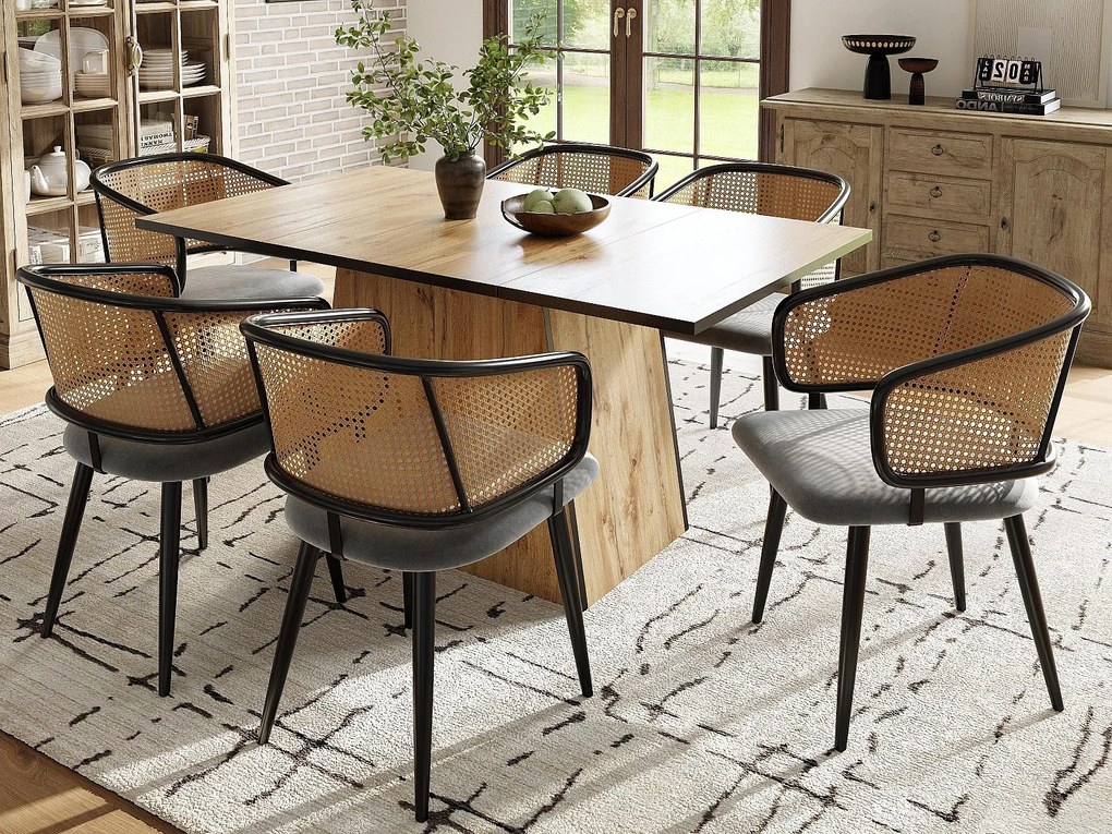 Komplet 6 krzeseł - Oparcie z rattanu i siedzisko z aksamitu - metalowe nogi - Czarny+Naturalny