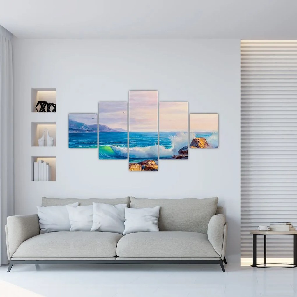 Obraz fal uderzających w klify, obraz olejny (125x70 cm)
