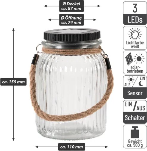 Szklana lampa solarna LED na balkon i taras, 15,5 cm