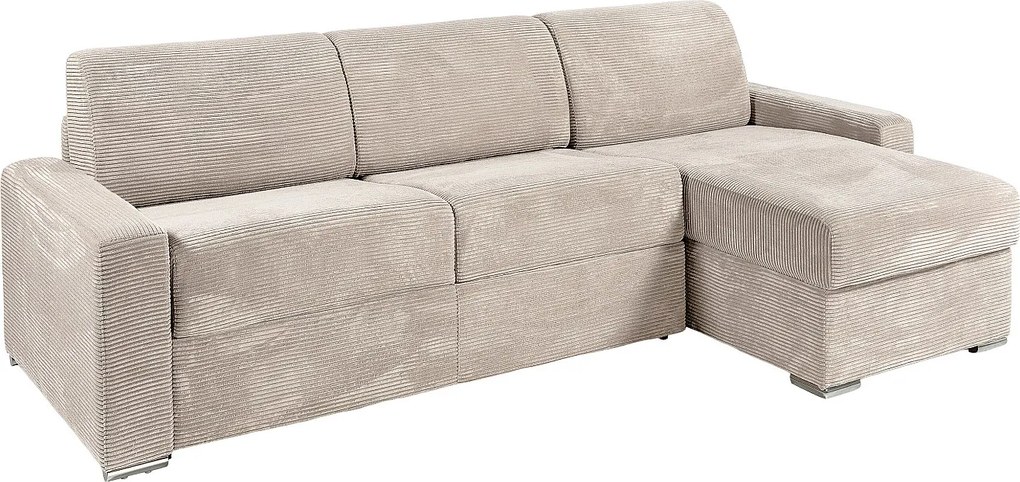 Kanapa narożna rozkładana uniwersalna z beżowego sztruksu - Powierzchnia spania 160 cm - Materac 22 cm z pamięcią kształtu - CALITO