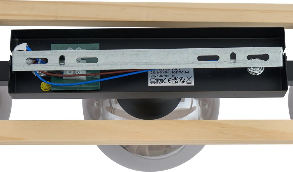 Inteligentna lampa sufitowa czarna z drewnem i przydymionym szkłem 3-źródła światła z WiFi A60 - Aleks