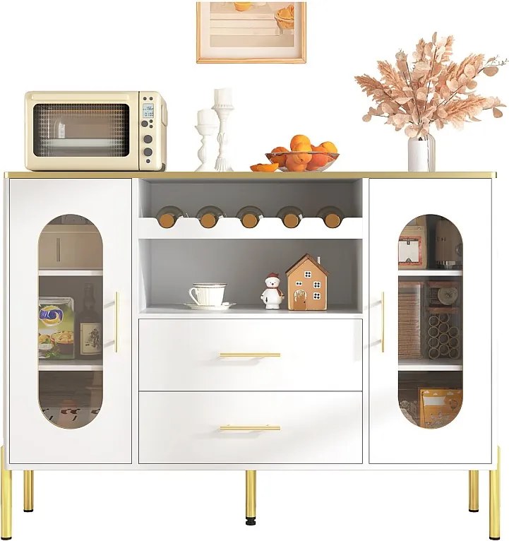 Komoda z frontami szklanymi i regałem na wino - 120 x 38 x 90 cm - z 2 szufladami - nóżki regulowane - płyta MDF - biała